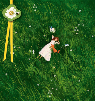 Postcard. Girl in a field.