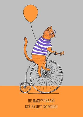 Postcard. Don't worry! Everything will be fine! A ginger cat on a bicycle.