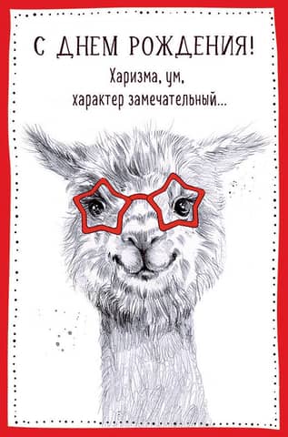Postcard. Happy Birthday! Charisma, intelligence, a wonderful character... A llama in glasses.