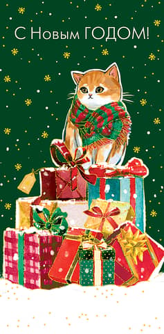 Money envelope. Happy New Year! A cat on a pile of presents.