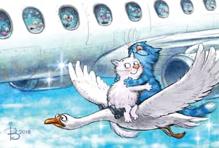 Pastkarte. Zilie kaķi. Goose Airlines.