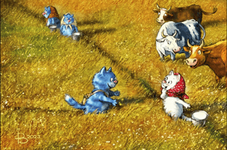 Pastkarte. Zili kaķi. Tikšanās pļavā.