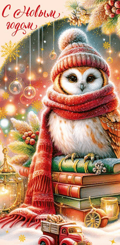Money envelope. Happy New Year! Owl on books.