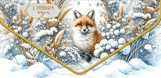 Money envelope. Happy New Year. Fox in a snowy forest.