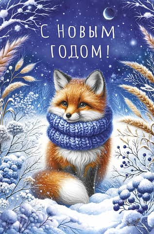 Postcard. Happy New Year! Fox in a scarf.