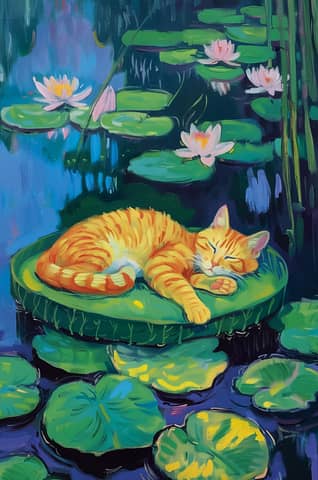 Postcard. A sleeping cat in a lotus pond.