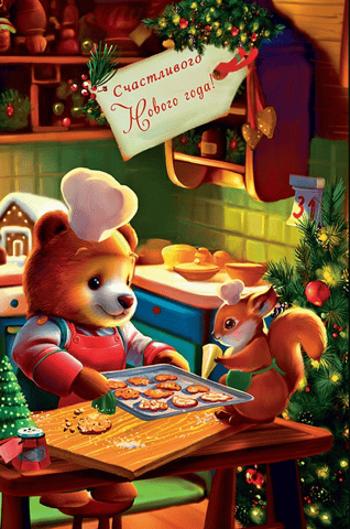 Postcard. Happy New Year! Teddy Bear and Squirrel are baking cookies.