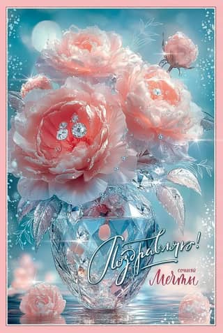 Postcard. Congratulations! Make your dreams come true. A bouquet of peonies.