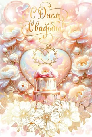 Postcard. Happy Wedding Day! Cake and peonies.