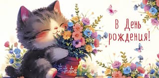 Money envelope. Happy birthday! Kitten with flowers.