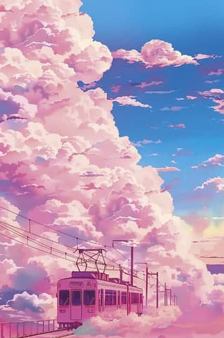 Postcard. Tram in Pink Clouds