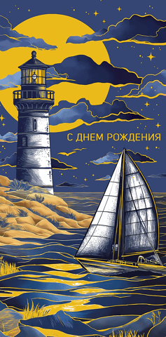 Money envelope. Happy birthday. Lighthouse in the night.