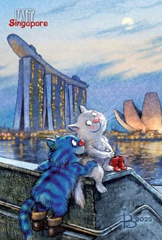 Открытка. Синие коты. Коты путешествуют. Сингапур
