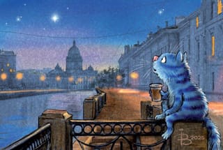 Открытка. Синие коты. Вечерний кофе в одиночестве