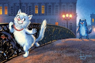 Открытка. Синие коты. Свидание на мосту