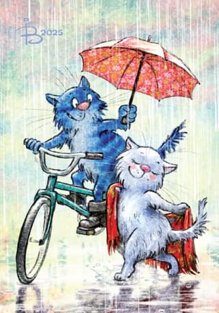 Открытка. Синие коты. Пара с зонтом