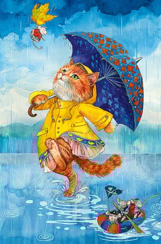 Открытка. Кот и мышата под дождем