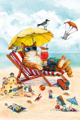 Открытка. Кот и мышата в отпуске