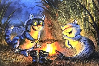 Открытка. Синие коты. Коты у костра