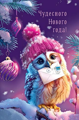 Открытка. Чудесного Нового Года! Сова с конвертом