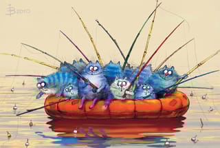 Открытка. Синие коты. Кошки-рыбаки