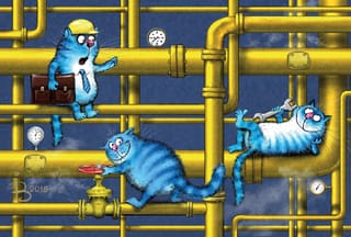 Открытка. Синие коты. Коты-водопроводчики