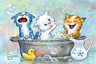 Открытка. Синие коты. Купание котят