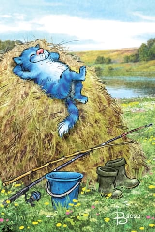 Открытка. Синие коты. Отдых на сене