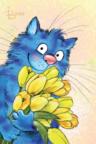 Открытка. Синие коты. Кот с букетом тюльпанов