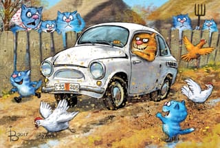 Открытка. Синие коты. Кот-автомобилист