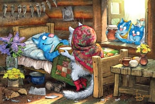Открытка. Синие коты. Котик приболел