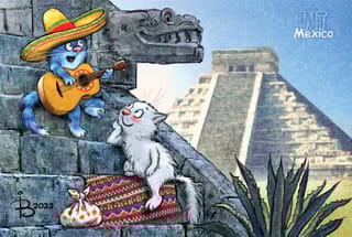 Открытка. Синие коты. Коты путешествуют. Мексика