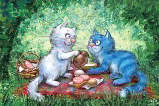Открытка. Синие коты. Завтрак на траве