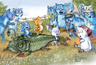 Открытка. Синие коты. Чудной улов