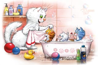 Открытка. Синие коты. Кошка купает котят