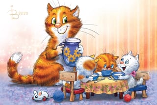 Открытка. Синие коты. Молочная церемония