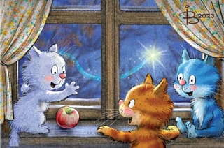 Открытка. Синие коты. Три котенка под окном