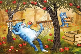 Открытка. Синие коты. В гамаке под яблонями
