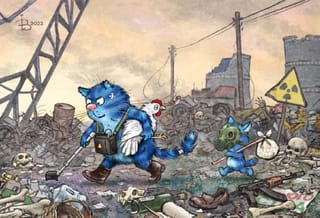 Открытка. Синие коты. Осторожно, радиация