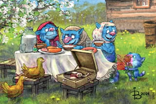 Открытка. Синие коты. В гостях у бабушки и дедушки