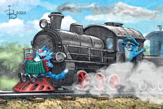 Открытка. Синие коты. Баянист на поезде