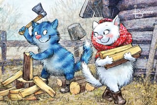 Открытка. Синие коты. Колка дров