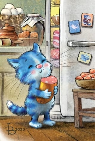 Открытка.  Синие коты. У холодильника