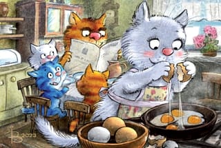 Открытка.  Синие коты. В ожидании завтрака