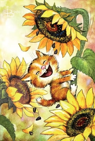 Открытка.  Синие коты. Котенок в подсолнухах