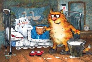 Открытка.  Синие коты. Молоко в постель