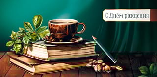 Конверт  для денег. С Днем Рождения! Чашка кофе с книгами