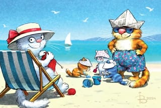 Открытка. Синие коты. Семья у моря