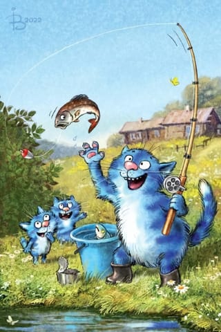 Открытка. Синие коты. Клюет, подсекай!