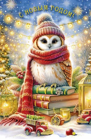 Открытка. С Новым годом! Сова в шапке и шарфе на книгах